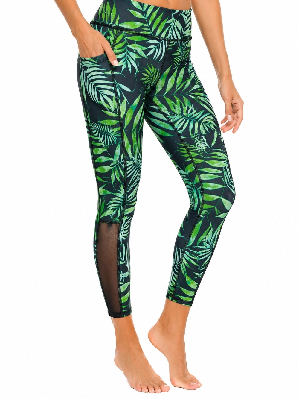 Green Tropical Leaf High-Waist Mesh-Inset Leggings SIZE Large